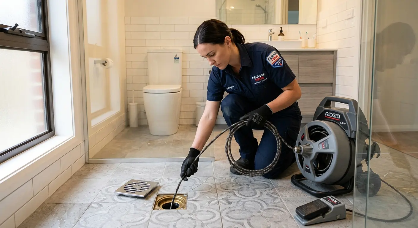 Technician clearing a bathroom floor drain for Clogged Drain Repair in Monticello